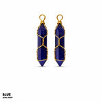 Pair of blue stone earrings with gold wire wrapping on a white background