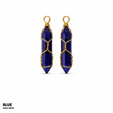 Pair of blue stone earrings with gold wire wrapping on a white background