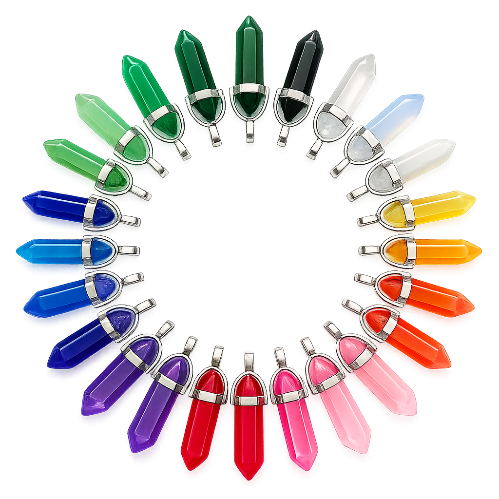 Colorful crystal pendant necklace set on a white background