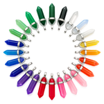 Colorful crystal pendant necklace set on a white background