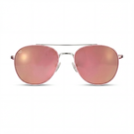 Sunglasses with pink reflective lenses and silver frame on a white background