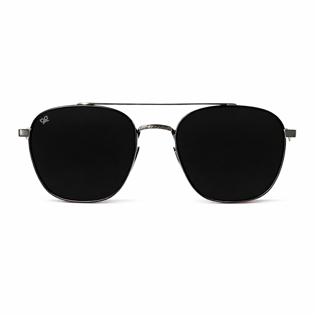 Black sunglasses with silver frame on a white background