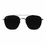 Black sunglasses with silver frame on a white background