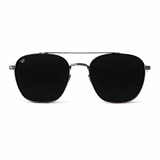 Black sunglasses with silver frame on a white background
