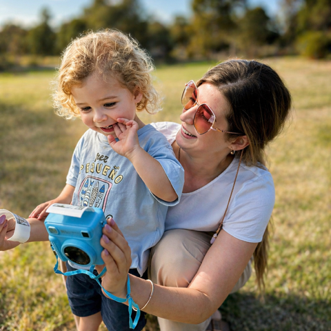 Woman and child outdoors in a grassy field, holding a blue toy together.